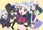  1girl beanie black_hair boots clenched_hands commentary_request cosplay dawn_(pokemon) elbow_gloves eyelashes gloves green_scarf grey_eyes hainchu hair_ornament hairclip hat highres jacket jessie_(pokemon) jessie_(pokemon)_(cosplay) logo long_hair multiple_views navel open_mouth own_hands_together pokemon pokemon_(anime) pokemon_swsh_(anime) purple_jacket purple_skirt scarf shirt sidelocks skirt sleeveless sleeveless_shirt thigh_boots thighhighs tongue white_headwear yellow_background 