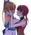  2girls blush breast_press breasts brown_hair cleavage commentary_request cropped_jacket dark-skinned_female dark_skin detached_sleeves from_side gloves hands_on_another's_cheeks hands_on_another's_face highres hololive houshou_marine houshou_marine_(1st_costume) imminent_kiss jacket large_breasts long_hair looking_at_another medium_hair multicolored_hair multiple_girls open_mouth pointy_ears ponytail red_hair red_jacket shino_12a shiranui_flare shiranui_flare_(1st_costume) simple_background sleeveless sleeveless_jacket standing streaked_hair sweat swept_bangs tongue tongue_out twintails upper_body virtual_youtuber white_background white_gloves white_hair white_sleeves yuri 