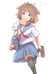  1girl animal_ears antlers bag black_thighhighs blue_eyes blue_skirt blush bread bread_slice brown_hair brown_shoes charm_(object) flying_sweatdrops food food_in_mouth franky7702 hair_ornament hairclip highres horns indie_virtual_youtuber kano_(utaite) loafers mouth_hold neckerchief original pleated_skirt red_neckerchief running sailor_collar school_bag school_uniform shirt shoes short_hair short_sleeves simple_background skirt solo stuffed_toy thighhighs toast toast_in_mouth white_background white_shirt 