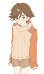  1boy amada_ken arms_at_sides blush brown_eyes brown_hair commentary cowboy_shot cropped_legs highres long_sleeves male_focus parted_lips persona persona_3 short_hair shorts solo sweater turtleneck turtleneck_sweater untranslatable_commentary white_background yaki_uu 