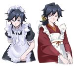  1boy alternate_costume apron black_dress black_hair buttons crossdressing crossdressing_(mtf) dress hair_between_eyes highres japanese_clothes kikkoumon kimetsu_no_yaiba kimono long_hair looking_at_viewer low_ponytail maid maid_apron maid_headdress male_focus multiple_views ponytail puffy_short_sleeves puffy_sleeves red_kimono sekiillust short_sleeves simple_background spiked_hair sweatdrop tomioka_giyuu upper_body white_background 