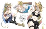  1girl \||/ animal_ears bandaid bandaid_on_face bandaid_on_nose black_bra black_pants blonde_hair blue_eyes bra breasts cat_ears cat_girl cat_tail cleavage commentary freckles hair_ornament highres indie_virtual_youtuber large_breasts lightning_bolt_symbol long_hair looking_at_viewer multicolored_hair obkatiekat obkatiekat_(1st_costume) obkatiekat_(2nd_costume) onsen open_mouth pants pink_hair ponytail sitting sleeplessrhythm socks tail tongue tongue_out torn_clothes towel underwear untranslatable_commentary virtual_youtuber white_background 