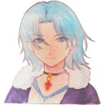  1boy absurdres alvis_(xenoblade) blue_jacket chinese_commentary closed_mouth commentary_request core_crystal_(xenoblade) curtained_hair fur-trimmed_jacket fur_trim grey_eyes grey_hair haissemy0809 highres jacket jewelry light_smile looking_at_viewer male_focus necklace open_clothes open_jacket simple_background smile solo upper_body white_background xenoblade_chronicles_(series) xenoblade_chronicles_1 