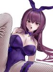 1girl absurdres animal_ears bow bowtie breasts cleavage commentary fake_animal_ears fate/grand_order fate_(series) fishnet_pantyhose fishnets frilled_thigh_strap highres large_breasts leotard long_hair looking_at_viewer official_alternate_costume open_mouth pantyhose playboy_bunny purple_bow purple_bowtie purple_eyes purple_hair purple_leotard rabbit_ears rami_(zwndu0) scathach_(fate) scathach_(piercing_bunny)_(fate) simple_background solo thigh_strap untranslatable_commentary very_long_hair white_background 
