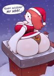  annoyed anthro avian big_breasts big_butt bird blush body_blush breasts butt butt_blush chimney christmas christmas_clothing christmas_headwear clothing costume dialogue feathers female hat headgear headwear holidays ineffective_clothing kkoart non-mammal_breasts panties paz_(kkoart) santa_costume santa_hat short_stack snow snowing solo speech_bubble stuck thick_thighs underwear white_body white_feathers winter 