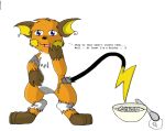after_transformation black_body black_fur bowl brown_body brown_fur cereal clothing container cute_fangs cutlery digitigrade english_text fangs featureless_crotch feral food food_transformation fur generation_1_pokemon kibble kitchen_utensils lightning_bolt_tail male mammal milk moofers-mufa nintendo open_mouth orange_body orange_fur pokemon pokemon_(species) raichu realization rodent simple_background solo speech_bubble spoon teeth text tools torn_clothing transformation white_background white_body white_fur yellow_body yellow_cheeks yellow_fur