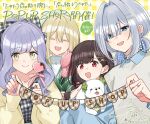 4girls asaka_kaori blonde_hair blue_eyes blue_hair blue_nails blue_shirt blush brown_hair closed_eyes closed_mouth commentary_request emma_grace_rosenthal flower grey_hair grey_sweater_vest hair_intakes hair_ornament hairclip hoshikawa_shizuku jewelry jougasaki_suzuran kimi_to_tsuzuru_utakata long_hair long_sleeves medium_hair mole mole_under_eye multiple_girls nail_polish necklace open_mouth parallel_hairclips pink_flower pink_tulip ponytail red_eyes shirt sweater_vest tayutau_koi_no_chirigiwa_ni tulip yuama 