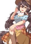  1girl absurdres arm_up ayuyu_yuka03 bandana bare_shoulders black_hair black_tail black_wings blue_shirt boots breasts brown_eyes brown_hat cleavage commentary_request cowboy_boots cowboy_hat crossed_legs dot_nose feathered_wings feet_out_of_frame hand_on_own_knee hat highres kurokoma_saki light_blush long_sidelocks looking_at_viewer medium_breasts medium_hair off-shoulder_shirt off_shoulder open_mouth overskirt plaid_clothes plaid_skirt shirt sidelocks simple_background skirt smile solo tail touhou white_background white_bandana wings yellow_skirt 