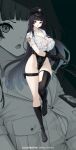  1girl :o absurdres amaterasu_(himegami_emaki) artist_name asymmetrical_footwear black_gloves black_hair black_hat black_leotard blunt_bangs blunt_ends boots breast_pocket breasts button_gap cleavage cropped_shirt defaultkavy finger_on_trigger full_body gloves groin gun handgun hat highleg highleg_leotard highres himegami_emaki holding holding_gun holding_weapon huge_breasts knee_boots leotard long_hair looking_at_viewer open_mouth peaked_cap pocket police_badge pouch red_eyes shirt short_sleeves sidelocks single_knee_boot single_thigh_boot solo standing standing_on_one_leg thigh_boots thigh_pouch thigh_strap unconventional_police_uniform uneven_footwear very_long_hair weapon white_shirt zoom_layer 