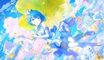  1girl \||/ back_bow bare_shoulders blue_bow blue_bowtie blue_eyes blue_hair blue_hat blue_shorts blue_sky blue_theme blue_trim blunt_bangs blunt_ends bob_cut boots bow bowtie breasts buttons choker cloud cloud_city colorful_palette dot_nose dress dutch_angle earrings elbow_gloves falling_petals frilled_choker frills full_body game_cg gloves hat hat_bow highres holding holding_umbrella house inverted_bob jewelry kiritani_haruka kizama_reta_kizu_wa_yagate_(project_sekai) lapels light_blush looking_to_the_side mini_hat mini_top_hat multicolored_hat off_shoulder official_alternate_costume official_art outdoors petals pink_clouds project_sekai ribbon shirt short_shorts shorts shorts_under_dress sky sleeveless sleeveless_dress small_breasts solo striped_bow striped_bowtie striped_clothes swept_bangs thighhighs third-party_source top_hat umbrella umbrella_earrings umbrella_hat_ornament white_boots white_dress white_gloves white_hat white_thighhighs yellow_bow yellow_hat yellow_petals yellow_ribbon 