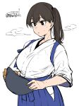  1girl artist_name blue_hakama brown_eyes brown_hair commentary_request cowboy_shot dated hakama hakama_skirt happa_(cloverppd) holding japanese_clothes kaga_(kancolle) kantai_collection long_hair muneate side_ponytail simple_background skirt solo tasuki white_background 