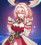  1girl alternate_breast_size_(larger) between_breasts black_corset book breasts clenched_hands coattails commentary corset crossed_bangs detached_collar detached_sleeves dress genshin_impact gimnang glowing hair_between_eyes hair_intakes head_wings heart heart-shaped_pupils highres large_breasts linnea_(genshin_impact) looking_down medium_hair moonglow_firefly_(genshin_impact) necktie open_mouth pink_eyes pink_hair pointy_ears red_dress smile solo strapless strapless_dress symbol-shaped_pupils tailcoat untranslatable_commentary upper_body white_sleeves wings 