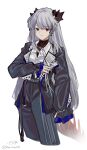  1girl :/ ambience_synesthesia arknights belt black_horns black_jacket black_pants blue_nails cropped_legs cross cross_earrings dot_nose dragon_girl dragon_horns dragon_tail earrings expressionless grey_hair high-waist_belt highres horns jacket jewelry long_hair long_sleeves looking_at_viewer miyachi_(tanya_visha) open_clothes open_jacket orange_eyes pants saria_(arknights) saria_(unstained_unshaken)_(arknights) simple_background solo striped_clothes striped_pants tail twitter_username vertical-striped_clothes vertical-striped_pants white_background 
