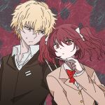  1boy 1girl :/ blazer blonde_hair bow bowtie brown_eyes brown_hair brown_jacket collared_shirt commentary hair_between_eyes hair_bow hamazura_shiage jacket korean_commentary long_hair long_sleeves looking_at_another looking_at_viewer needle open_mouth red_bow red_bowtie school_uniform shirai_kuroko shirt short_hair simple_background sub2_bm sweatdrop throwing_needles toaru_kagaku_no_railgun toaru_majutsu_no_index tokiwadai_school_uniform twintails two-tone_background white_bow winter_uniform 