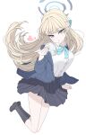  1girl aqua_bow aqua_bowtie black_shoes black_skirt black_socks blonde_hair blowing_kiss blue_archive blue_cardigan blue_eyes blue_halo blue_streaks bow bowtie braid cardigan collared_shirt commentary floating_hair full_body hakuaiiii half_up_braid halo heart highres jumping long_hair long_sleeves looking_at_viewer multicolored_hair official_alternate_costume open_cardigan open_clothes parted_lips pleated_skirt school_uniform shirt shoes simple_background skirt socks solo streaked_hair toki_(blue_archive) toki_(school_uniform)_(blue_archive) untranslatable_commentary white_background white_shirt 