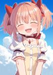  1girl :d ^_^ blue_sky blush bow bow_choker buttons choker closed_eyes cloud cocoa_(ultra_mdk) collarbone commentary_request day dress facing_viewer frilled_sleeves frills hair_bow highres kaname_madoka kaname_madoka_(magical_girl) magical_girl mahou_shoujo_madoka_magica mahou_shoujo_madoka_magica_(anime) open_mouth outdoors pink_hair red_bow red_choker revision short_hair short_sleeves short_twintails sidelocks sky smile solo square_neckline twintails upper_body yellow_dress 