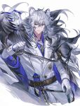  1boy absurdres animal_ear_fluff animal_ears animal_on_arm arknights belt bird blue_shirt coat coat_on_shoulders commentary cropped_legs fur-trimmed_coat fur_trim gloves grey_eyes grey_hair hair_between_eyes hawk highres long_sleeves looking_at_viewer male_focus ryat shirt short_hair silverash_(arknights) silverash_the_reignfrost_(arknights) simple_background smile solo tenzin_(arknights) untranslatable_commentary white_background white_coat white_gloves 