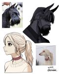  1boy 1girl absurdres animal_ears artist_name beard black_dog black_eyes black_jacket black_necktie black_shirt black_skin brown_hair choker close-up collared_shirt colored_skin creature_and_personification cropped_torso dog dog_boy dog_ears dog_girl dress_shirt extra_ears facial_hair from_side gegegekman highres jacket korean_text long_hair looking_afar looking_ahead mustache narrowed_eyes necktie original pale_skin personification photo_inset ponytail portrait red_choker rhinestone scottish_terrier shirt signature simple_background suit_jacket sweater white_background white_dog white_sweater 