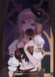 1girl black_flower black_hat black_rose blue_eyes blush breasts brown_hair brown_skirt commentary_request cropped_shirt fingernails flower gakuen_idolmaster hat head_tilt highres himesaki_rinami holding holding_flower idolmaster long_hair looking_at_viewer medium_breasts mini_hat qr_code rose skirt solo twitter_username upper_body yuuyu_(moco20111115) 