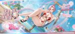  1girl armlet artist_name artist_request azur_lane beach black_shoes blue_sky blush breasts closed_eyes closed_mouth cloud cloudy_sky cocktail_glass commentary company_name copyright_logo copyright_notice crossed_legs cup day dead_or_alive dead_or_alive_xtreme dead_or_alive_xtreme_venus_vacation drink drinking_glass elise_(doa) elise_(one_divine_afternoon)_(doa) english_commentary flower green_eyes hammock hibiscus highres holding holding_cup jewelry knees_up large_breasts logo long_hair looking_at_viewer multiple_expressions navel necklace ocean official_art on_hammock one-piece_swimsuit open_mouth outdoors palm_tree pink_flower pink_hair promotional_art red_one-piece_swimsuit sand shoes sitting sky smile stomach swimsuit thighlet thighs toes tree 