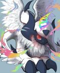  absol animal_focus claws commentary_request feathered_wings hair_over_one_eye highres horns looking_at_viewer mega_absol mega_evolution_symbol mega_pokemon neoruru_illust no_humans one_eye_covered pokemon pokemon_(creature) pokemon_focus red_eyes simple_background solo white_fur white_hair white_wings wings 