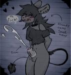 anthro arrow_pointing_to_cum black_hair black_nose blush blush_lines bodily_fluids bottomless bottomless_anthro bottomless_gynomorph bottomless_intersex clothed clothing critter_(critteremitter) critteremitter cum cumshot directional_arrow ear_piercing ear_stud ejaculation eye_through_hair eyes_closed genital_fluids gynomorph hair hi_res intersex long_hair looking_pleasured mammal masturbation murid murine navel open_mouth penetrable_sex_toy penile penile_masturbation piercing pink_tongue profanity rat rodent sex_toy shirt solo speech_bubble tail tongue topwear torn_clothing torn_shirt torn_topwear translucent translucent_hair