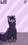 2026 :3 absurd_res anthro bell bell_collar clothing collar cosmic_hair ethereal_hair female fluffy fluffy_tail fur gabegt hi_res looking_at_viewer paws pink_background purple_body purple_clothing purple_fur red_eyes simple_background solo standing tail