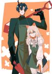  1boy 1girl absurdres animal_ears apron arknights black_hair blonde_hair cowboy_shot demon_horns dog_ears dog_girl flamebringer_(arknights) green_apron height_difference highres holding holding_shovel horns infection_monitor_(arknights) long_sleeves looking_at_viewer medium_hair mgr1219 orange_background outside_border podenco_(arknights) reaching reaching_towards_viewer ribbon see-through_clothes short_hair shovel skirt 