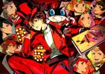  4boys 5girls akechi_goro alternate_costume amamiya_ren animal animal_ear_fluff animal_ears animal_hands black_background black_bow black_bowtie black_eyes black_gloves black_hair blue_eyes bow bowtie cat cat_paws cat_tail checkered_background conductor_baton copyright_notice feathered_wings formal_clothes gloves gradient_background grin hand_up hat holding holding_baton holding_pamphlet jacket kitagawa_yusuke looking_at_viewer mask messy_hair mini_hat morgana_(persona_5) multiple_boys multiple_girls multiple_views niijima_makoto official_alternate_costume official_art okumura_haru pants paper persona persona_5 polka_dot polka_dot_background red_background red_hat red_jacket red_pants red_wings saitou_rokuro sakamoto_ryuji sakura_futaba second-party_source sheet_music shirt short_hair smile solo star_(symbol) suit suit_pants tail takamaki_ann traditional_bowtie upper_body white_shirt wings yellow_background yoshizawa_kasumi zipper zipper_pull_tab 
