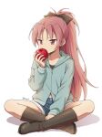  1girl aqua_hoodie artist_name black_bow black_shirt boots bow brown_boots commentary denim denim_shorts dot_nose eating food fruit full_body fur_trim hand_on_own_leg hand_up highres holding holding_food holding_fruit hood hoodie indian_style long_hair mahou_shoujo_madoka_magica mahou_shoujo_madoka_magica_(anime) midriff_peek ponytail purigetsu red_eyes red_hair sakura_kyoko shirt shorts simple_background sitting solo untranslatable_commentary white_background 