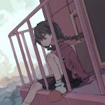  1girl balcony black_skirt braid brown_hair checkered_clothes checkered_sweater closed_mouth cloud expressionless hand_on_floor highres madotsuki one_eye_closed pink_slippers pink_sweater red_eyes short_hair sitting skirt sliding_doors slippers socks solo soumenhiyamugi sweater twin_braids white_socks yume_nikki 
