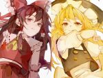  2girls ascot black_hat blonde_hair bow brown_hair closed_mouth commentary detached_sleeves frilled_bow frills hair_tubes hakurei_reimu hat highres kirisame_marisa long_hair looking_at_viewer multiple_girls puffy_short_sleeves puffy_sleeves red_eyes red_skirt red_theme reinooekaki11 ribbon-trimmed_sleeves ribbon_trim short_sleeves simple_background skirt skirt_set smile split touhou twitter_username upper_body white_background witch_hat yellow_ascot yellow_eyes yellow_theme 