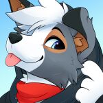 1:1 anthro black_clothing black_eyebrows black_hoodie black_nose black_topwear blep brown_markings canid canine canis cheek_tuft clothing colored digital_drawing_(artwork) digital_media_(artwork) domestic_dog eyebrows facial_tuft feve fur grey_body grey_fur hair hoodie looking_away male mammal markings multicolored_body multicolored_fur pink_tongue pupils scales shaded short_hair simple_background smile snout solo tongue tongue_out topwear tuft white_body white_fur white_hair white_scales