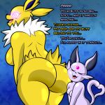 al_gx anthro anthrofied big_breasts big_butt breasts butt butt_worship curvy_figure dialogue dominant dominant_female duo eeveelution english_text espeon face_in_ass felid feline female female/female hi_res hypnosis incest_(lore) jolteon larger_female mammal mind_control nintendo pok&eacute;mon pok&eacute;mon_(species) pok&eacute;morph presenting purple_body seductive sibling sister sisters size_difference small_breasts smaller_female story story_in_description text thick_thighs video_games voluptuous wide_hips yellow_body 
