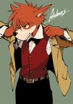  anthro belt black_nose bottomwear canid canine canis character_name clothed clothing collared_shirt domestic_dog dress_shirt fur green_background hair hi_res jacket kemono male mammal muramasa_mikado pants pipe_in_mouth putting_on_clothes putting_on_jacket red_body red_fur red_hair serious serious_face sherlock_hound sherlock_hound_(series) shirt simple_background smoking_pipe solo text topwear vest 