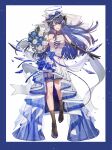  1girl ;d absurdres alternate_costume arknights artist_name bangs bare_shoulders black_footwear black_gloves blue_border blue_bow blue_eyes blue_flower blue_hair border bouquet bow bowtie bracelet breasts brown_footwear chinese_commentary commentary_request cross cross_earrings dated dress earrings elbow_gloves eyebrows_visible_through_hair flower full_body gloves halo hat hat_bow highres holding holding_bouquet horns jewelry kneehighs large_breasts layered_dress long_hair looking_at_viewer mostima_(arknights) one_eye_closed open_mouth outstretched_arm running shoes simple_background sleeveless sleeveless_dress smile solo standing standing_on_one_leg straight_hair thigh_strap veil very_long_hair white_background white_bow white_bowtie white_dress white_flower white_headwear yolanda 