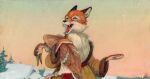  1955 20th_century ambiguous_gender ancient_art anthro avian bird canid canine carrying chest_tuft clothed clothing duo feathered_wings feathers feral fox fur handpaw mammal open_mouth orange_body orange_fur outside paws pyotr_repkin red_fox sky tongue traditional_media_(artwork) tuft white_body white_fur wings 