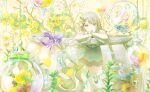  1girl adonis_(flower) air_bubble alternate_hair_length_(longer) analogous_colors ankle_flower branch brown_trim bubble center_frills cherry_blossoms colorful_palette corset craspedia_(flower) crossed_ankles crossed_arms dot_nose fish fishbowl floral_print flower frilled_shirt_collar frilled_wrist_cuffs frills full_body game_cg green_corset green_eyes green_shirt green_shoes green_shorts green_theme grey_hair hair_flower hair_ornament hairclip highres hinomori_shiho koi koukyou_suru_machi_no_katasumi_de_(project_sekai) layered_clothes long_hair looking_at_animal looking_to_the_side mimosa_(flower) official_alternate_costume official_alternate_hairstyle official_art pink_flower plant project_sekai rose_print see-through_clothes shirt shoes short_shorts short_sleeves shorts solo swept_bangs third-party_source very_long_hair white_flower white_wrist_cuffs wide_sleeves wrist_cuffs yellow_flower yellow_theme 