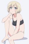  1girl black_sports_bra blonde_hair blue_eyes blush breasts cleavage closed_mouth erica_hartmann looking_at_viewer panties shiny shiny_hair short_hair simple_background sitting small_breasts smile solo sports_bra strike_witches tomitsuka underwear white_background white_panties world_witches_series 