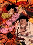  2boys blood blood_on_clothes blood_on_face blood_on_hands coat colored_extremities embers epaulettes gol_d._roger grin highres holding holding_sword holding_weapon male_focus mature_male monkey_d._garp multiple_boys musasabiop necktie one_piece orange_eyes pectoral_cleavage pectorals pink_shirt red_coat red_necktie scar scar_on_face shirt short_hair smile sword teeth torn_clothes torn_necktie torn_shirt torn_sleeves weapon white_shirt 