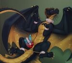 2022 2_penises absurd_res animal_genitalia animal_penis anus arms_tied bdsm black_body blue_penis blush bondage bound collar countershade_neck countershade_tail countershade_torso countershading dragon drakel_phyrohell erection feral frill_(anatomy) genital_slit genitals gold_body hemipenes hi_res horn knot knotted_penis looking_pleasured lying male male_feral membrane_(anatomy) membranous_wings mintyderg multi_genitalia multi_penis mythological_creature mythological_scalie mythology on_back orange_eyes penis red_penis restraints scalie sex_toy smile solo spread_legs spreader_bar spreading tail vibrator wand_vibrator whiskers wings