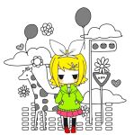  1girl bad_id bad_pixiv_id balloon blonde_hair blush chibi chibi_only cloud expressionless flower giraffe green_hoodie hands_in_pockets heart hood hoodie kagamine_rin kagamine_rin_(melancholy) melancholic_(vocaloid) najo ribbon sign solo traffic_light vocaloid white_background white_ribbon 