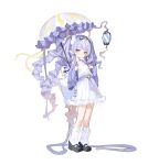  1girl absurdres black_shoes bow closed_mouth collarbone commentary dress flower full_body hair_flower hair_ornament highres holding holding_umbrella jacket lantern legs long_hair loose_socks open_clothes open_jacket original pointy_ears purple_bow purple_hair purple_jacket shiro_wa_(shiroshironix) shoes simple_background single_bare_shoulder socks solo standing tachi-e umbrella very_long_hair white_background white_dress white_flower white_socks yellow_eyes 
