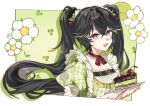  1girl :d black_hair blonde_streaks cake cake_slice cherry cherry_hair_ornament choker commentary crossed_bangs dress drop_shadow flower food food-themed_hair_ornament frills fruit green_choker green_dress hair_between_eyes hair_ornament hands_up holding holding_plate long_hair looking_at_viewer lucia_(pgr) multicolored_hair neck_ribbon open_mouth plaid_clothes plaid_dress plate puffy_short_sleeves puffy_sleeves punishing:_gray_raven red_eyes red_ribbon ribbon shiraeda short_sleeves sleeve_cuffs smile solo streaked_hair twintails upper_body very_long_hair white_flower 