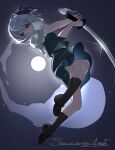 1girl absurdres black_hairband black_socks blue_eyes commentary full_body full_moon glint green_skirt green_vest grey_hair hairband highres hitodama hitodama_print holding holding_sword holding_weapon katana kneehighs konpaku_youmu konpaku_youmu_(ghost) looking_at_viewer moon night puffy_short_sleeves puffy_sleeves samon_(vxxr8575) shirt short_sleeves skirt skirt_set socks solo sword touhou vest weapon white_shirt 