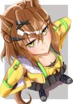  ahoge animal_ears bandeau black_skirt blush braid breasts brown_hair cleavage closed_mouth commentary_request from_above hair_between_eyes hair_ornament hairclip half_up_braid half_up_half_down_braid highres horse_ears horse_girl horse_tail jacket jewelry jungle_pocket_(champion's_battle_cry)_(umamusume) jungle_pocket_(umamusume) long_sleeves looking_at_viewer looking_up medium_hair notched_ear open_clothes open_mouth skirt small_breasts smile tail umamusume umayonyosi yellow_bandeau yellow_eyes yellow_jacket 