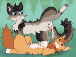 >w< 4:3 4_toes accessory animal_genitalia balls black_tuft blue_eyes bodily_fluids brown_body brown_fur brown_tuft cgm colored_line_art digital_media_(artwork) domestic_cat duo erection eyes_closed fan_character feet felid feline felis feral feral_on_feral flower flower_in_hair freckled_face freckles fur genital_fluids genitals gloves_(marking) hair hair_accessory happy hawkfrost_(warriors) hi_res honeywhisker_(jollysjambles) leg_markings looking_down looking_down_at_partner lying male male/male mammal markings nude on_back orange_body orange_fur pawpads paws peeing peeing_on_another peeing_on_chest peeing_while_erect penis plant raised_leg simple_background smile socks_(marking) striped_markings stripes tabby_cat tail toes tuft urine urine_on_chest warriors_(book_series) watersports white_body white_fur white_tuft
