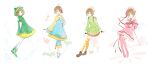  4girls absurdres animal_hood antenna_hair bare_shoulders belt belt_buckle beret black_belt blue_dress blue_pants blue_shoes boots brown_boots brown_hair buckle capelet cardcaptor_sakura chinese_clothes circle_skirt clenched_hand closed_mouth collared_jacket collared_shirt commentary_request contrast_collar detached_sleeves dress eyelashes flats floral_background floral_print flower frilled_dress frills frog_hood full_body green_boots green_dress green_eyes green_shirt green_sleeves hair_flower hair_ornament hand_on_own_chest happy hat hat_ribbon high_collar highres holding holding_wand hood hood_up hooded_dress jacket kinomoto_sakura kinomoto_sakura_(frog) kinomoto_sakura_(lotus) kinomoto_sakura_(silk_ribbon) kneehighs layered_sleeves leaning_forward leg_ribbon long_sleeves looking_at_viewer lotus magical_girl mining_helmet miqing multicolored_thighhighs multiple_girls multiple_persona neck_ribbon open_mouth orange_thighhighs pants pants_under_dress pink_boots pink_capelet pink_dress pink_flower pink_hat pleated_dress pleated_skirt print_dress red_ribbon red_skirt ribbon shirt shoe_belt shoes short_dress short_hair_with_long_locks sidelocks single_stripe skirt sleeveless sleeveless_dress sleeves_past_wrists smile socks sparkle standing star_(symbol) striped_ribbon tareme thigh_boots thigh_ribbon thighhighs two-tone_thighhighs wand white_background white_hat white_socks wide_sleeves winged_wand yellow_jacket yellow_theme 