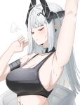  1girl absurdres aqua_collar arknights arm_up armpit_focus armpits bare_shoulders black_collar black_horns black_tank_top blush breasts cleavage closed_eyes closed_mouth collar ear_piercing hand_up highres horns huge_breasts infection_monitor_(arknights) long_hair material_growth mudrock_(arknights) multicolored_collar open_jumpsuit oripathy_lesion_(arknights) piercing pointy_ears presenting_armpit simple_background sleeveless small_sweatdrop solo spam_(spamham4506) sweat sweaty_armpits tank_top two-tone_collar upper_body white_background white_hair 