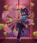 2025 anthro articaartes bear breasts broom cleaning_tool clothing digital_media_(artwork) female footwear giant_panda gloves green_body green_eyes group handwear hat headgear headwear hi_res holding_broom holding_cleaning_tool holding_object inside looking_at_viewer mammal mask on_one_leg plant shoes smile solo_focus spirit standing tail tree window